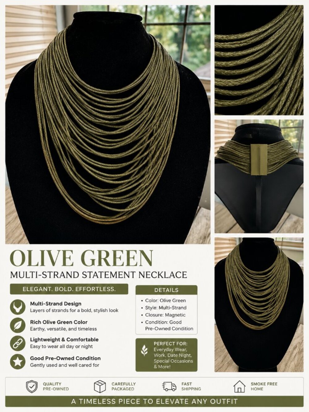 Olive Green Multi Strand Statement Necklace Layered Bib Boho Minimalist